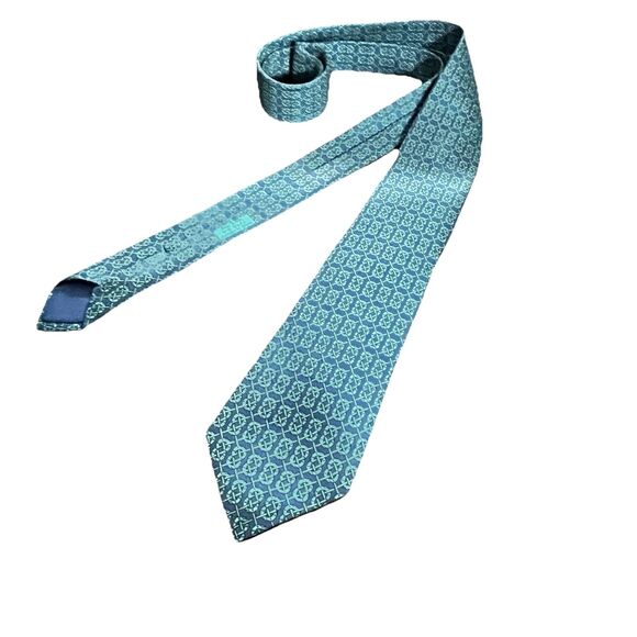 Hermès Paris Silk Tie Navy Teal Horseshoe Polo Mallet Equestrian Pattern EUC - Picture 7 of 10